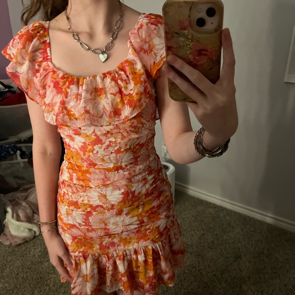 Hello Molly Orange and Pink Ruched Flutter Sleeve Mini Dress